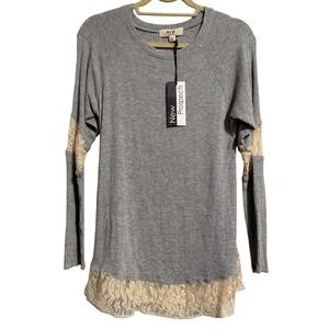 n/p New Prospects Gray Ribbed Lace Trim Long Sleeve Tunic Top One Size NWT